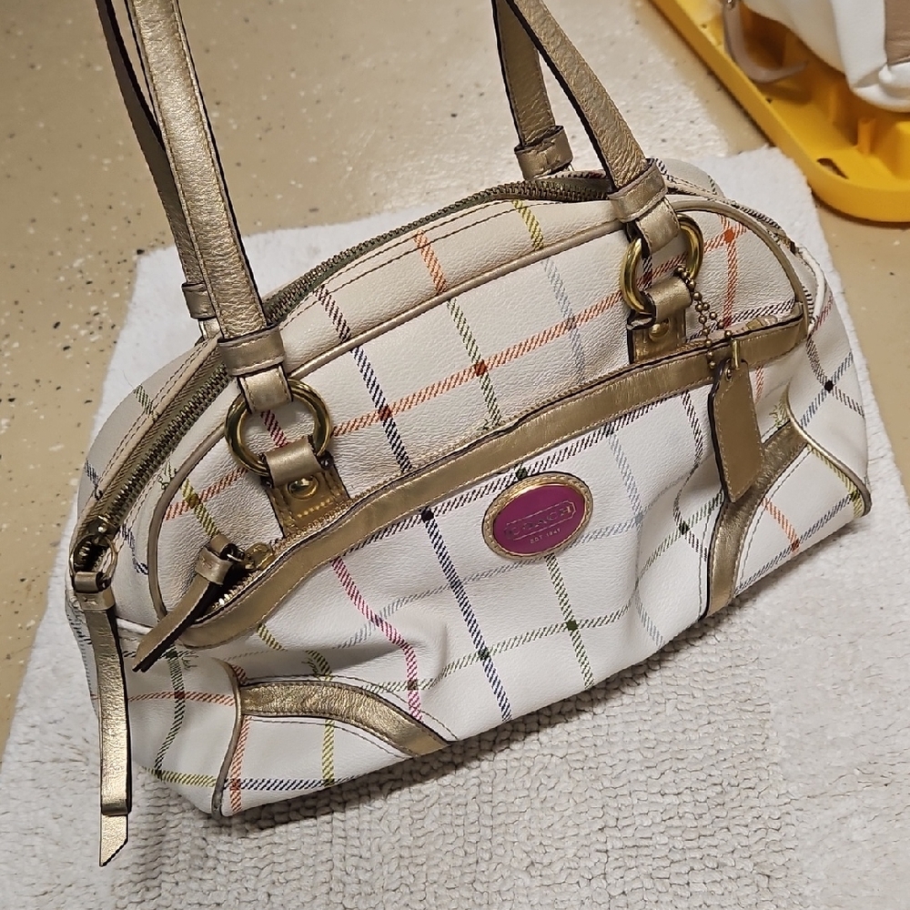 Coach Cream Plaid Dome Satchel with Gold Trim and Pink Logo